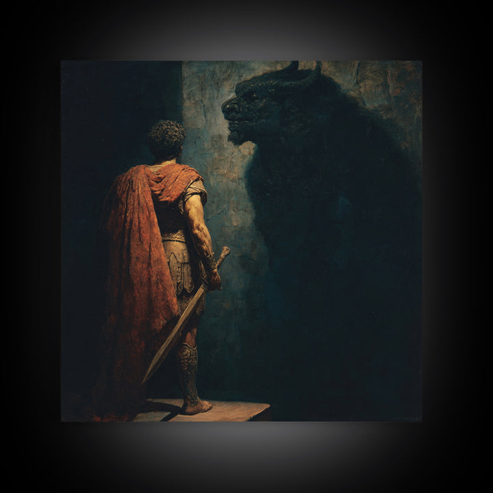 Hero Facing Minotaur In Shadows Canvas Print, Dark Mythology Wall Art, Ancient Greek Fantasy Decor, Dramatic Fine Art Print