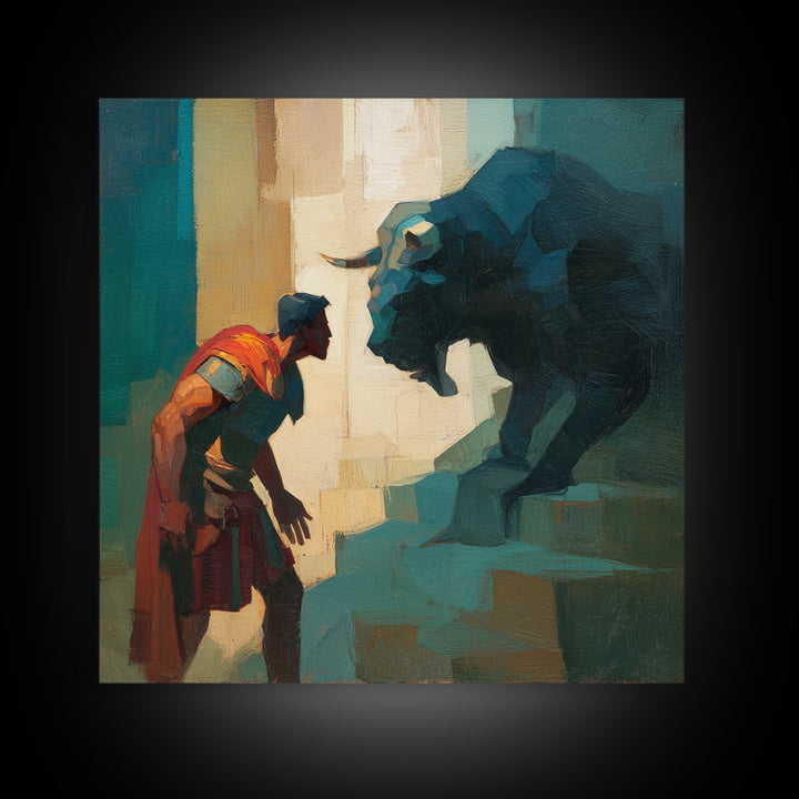 Brave Roman Facing Black Bull Wall Art, Mythological Animal Painting, Bold Modern Canvas For Masculine Office Decor Gift