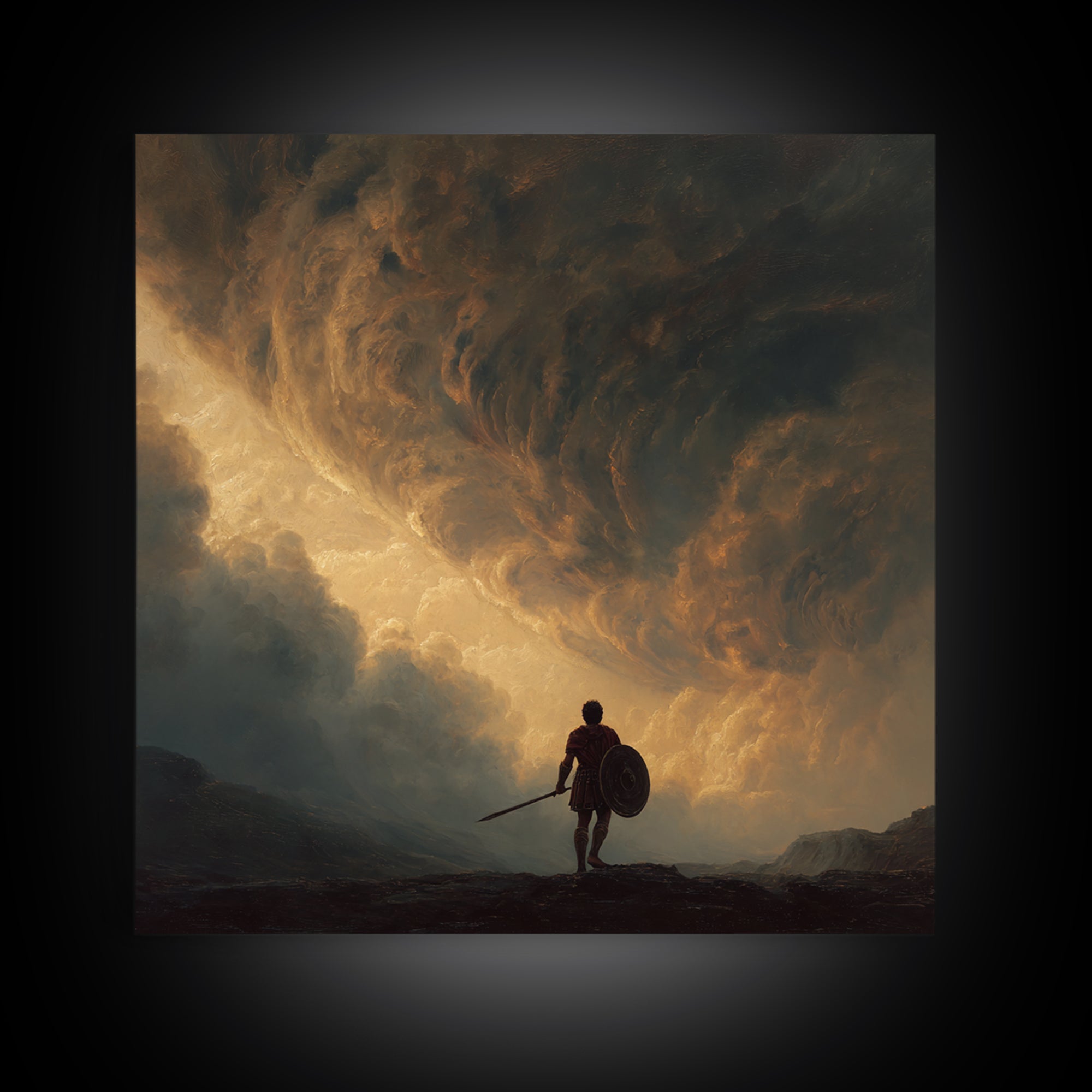Warrior Beneath Golden Storm Clouds Canvas Print, Epic Fantasy Landscape Painting, Dramatic Wall Decor For Men, Living Room Decor