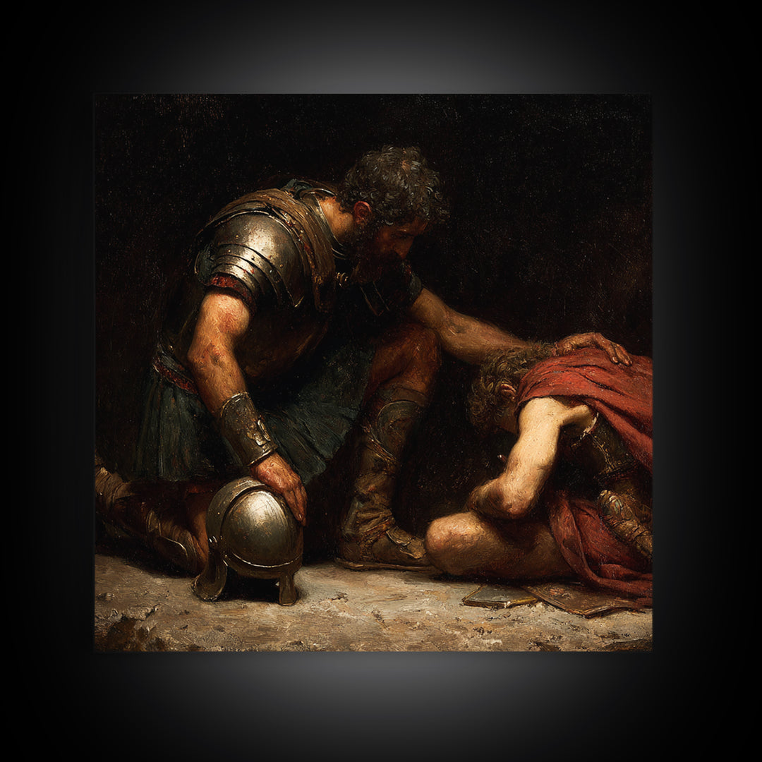 Wounded Ancient Soldier Kneeling By Armored Companion Canvas Print, Classical Wall Art, Mythological Art, Dark Academia Decor