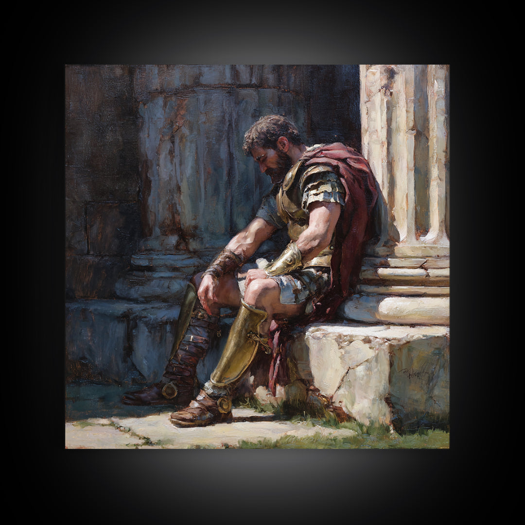 Weary Roman Soldier Resting Beside Columns Framed Canvas Print, Classical Portrait Art, Historical Wall Decor, Gift For Him