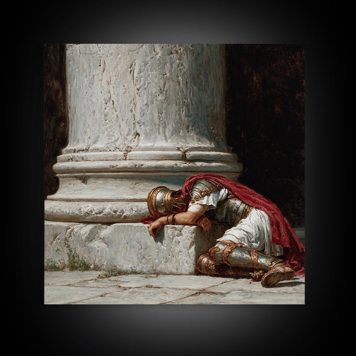Fallen Roman Soldier Beside Marble Column, Classical Framed Canvas Print, Historical Wall Art, Ancient Rome Decor, Museum Style