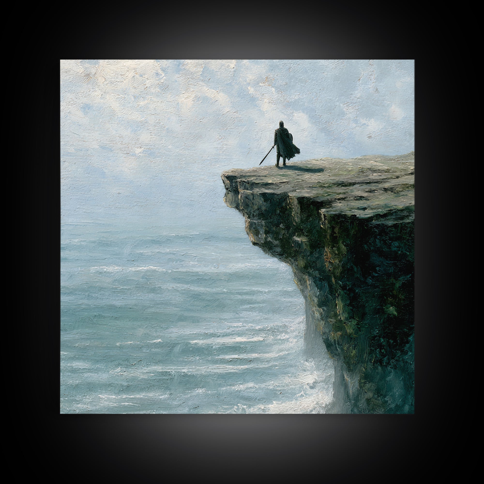 Lone Wanderer On Ocean Cliff Canvas Print, Moody Seascape Landscape Art, Coastal Fantasy Decor, Large Wall Art For Living Room