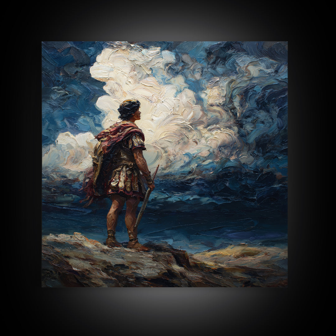 Roman Warrior Under Storm Clouds Framed Canvas Print, Dramatic Mythological Art, Dark Academia Office Decor Gift For Him