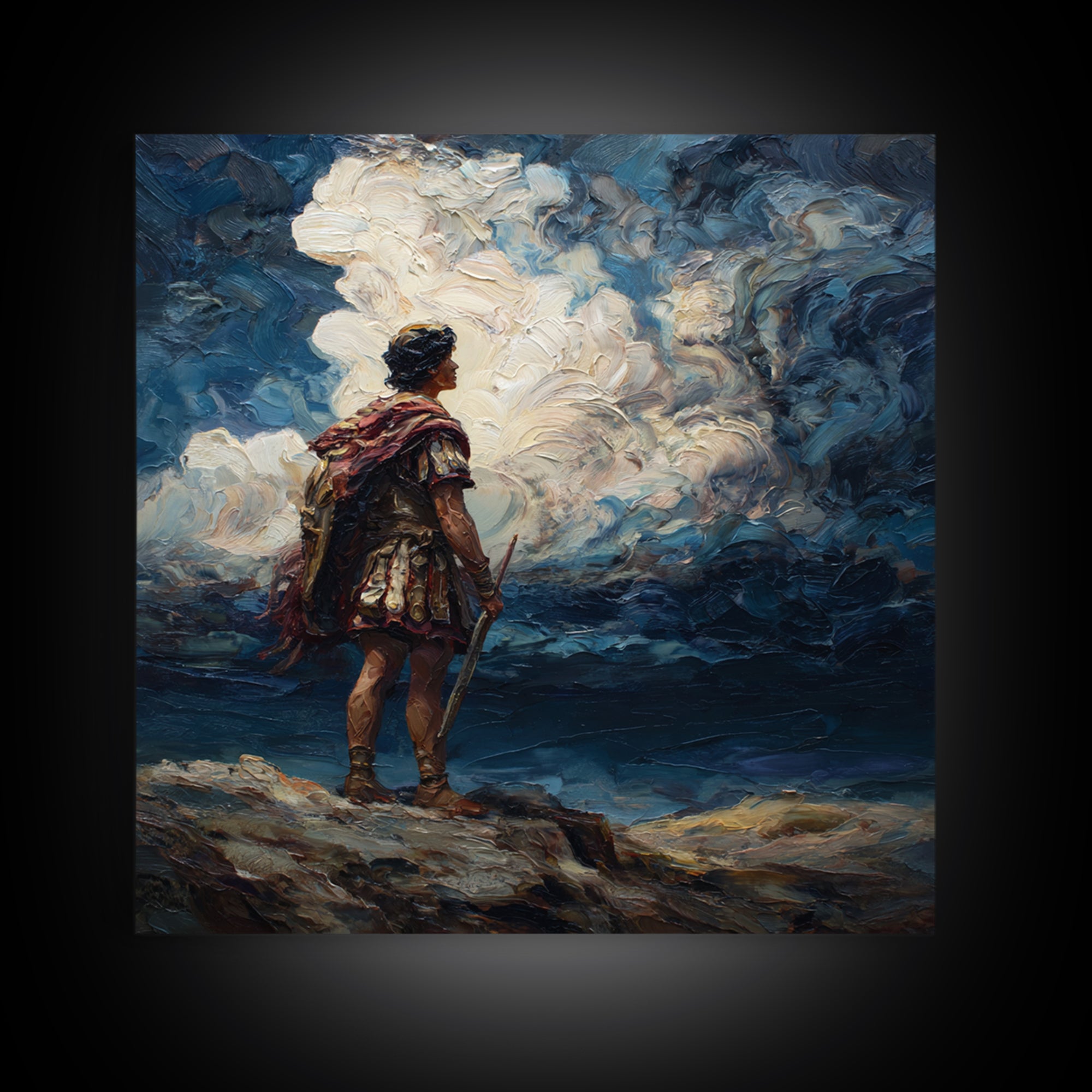 Roman Warrior Under Storm Clouds Framed Canvas Print, Dramatic Mythological Art, Dark Academia Office Decor Gift For Him
