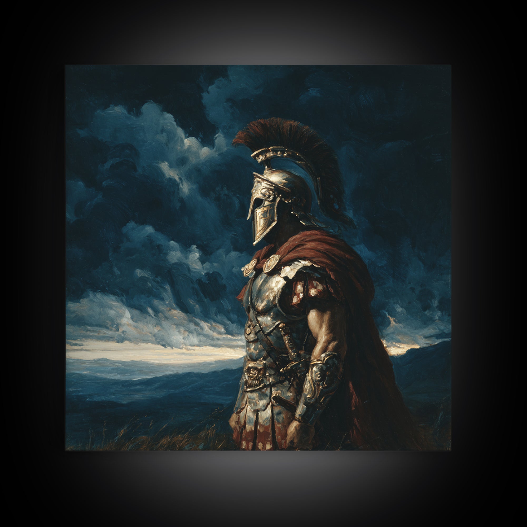 Stoic Roman Warrior Under Storm Clouds Framed Canvas Print, Mythological Art, Dark Academia Decor, Masculine Office Wall Art