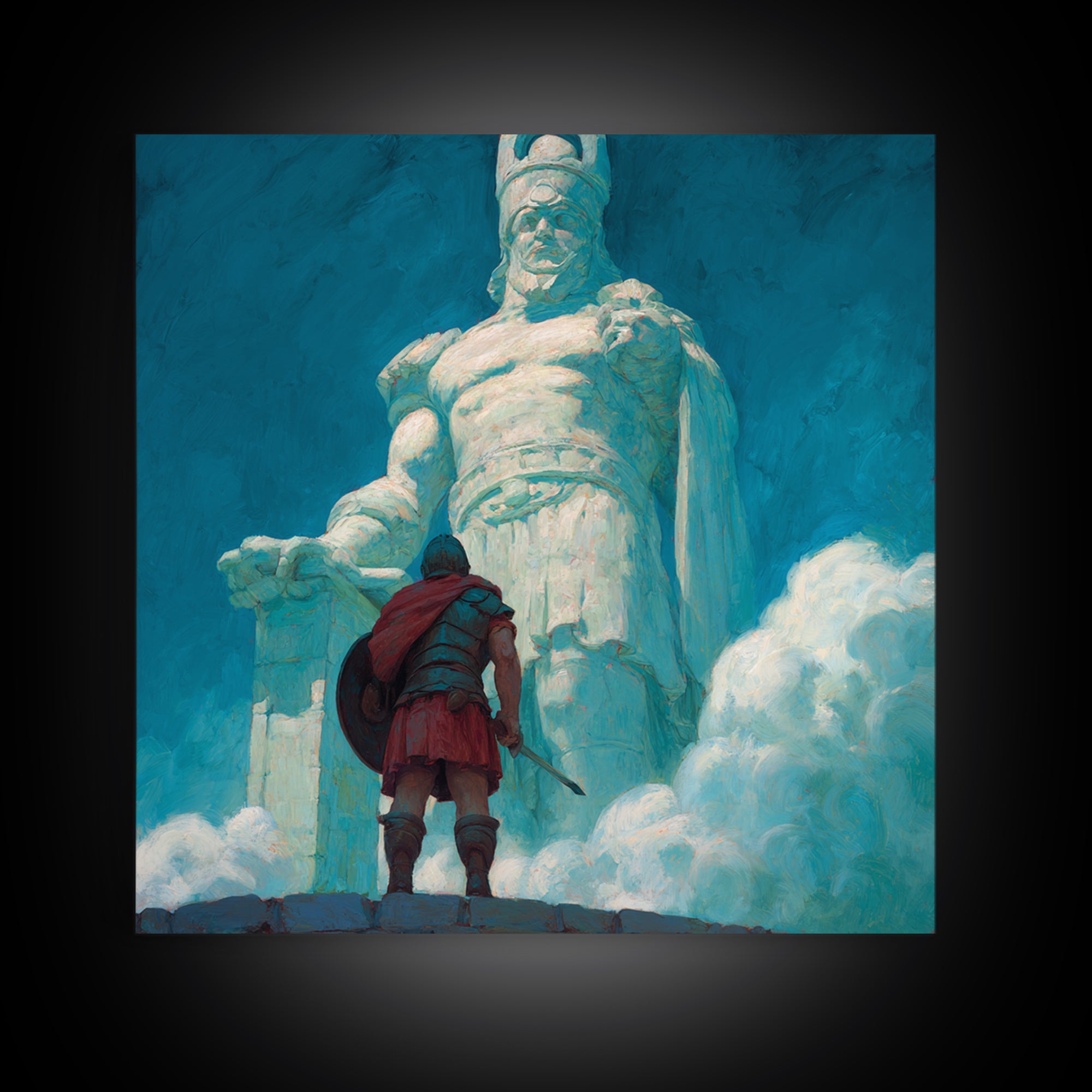 Hero Before Colossal Ancient Statue Framed Canvas Print, Fantasy Wall Art, Mythological Art, Blue Wall Decor, Gift For Him