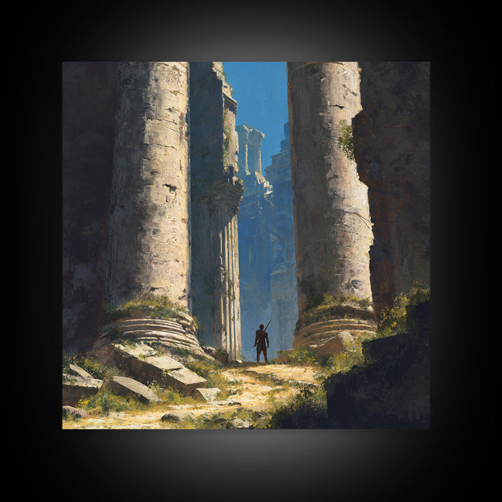 Lone Explorer In Ancient Ruins Wall Art, Fantasy Temple Landscape Painting, Dramatic Architecture Decor, Adventure Gift Idea
