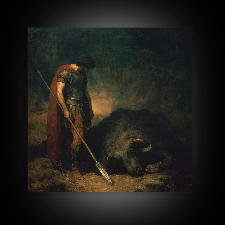 Heroic Spearman Beside Fallen Beast Wall Art, Mythological Warrior Oil Painting, Dark Fantasy Fine Art Print Living Room Decor