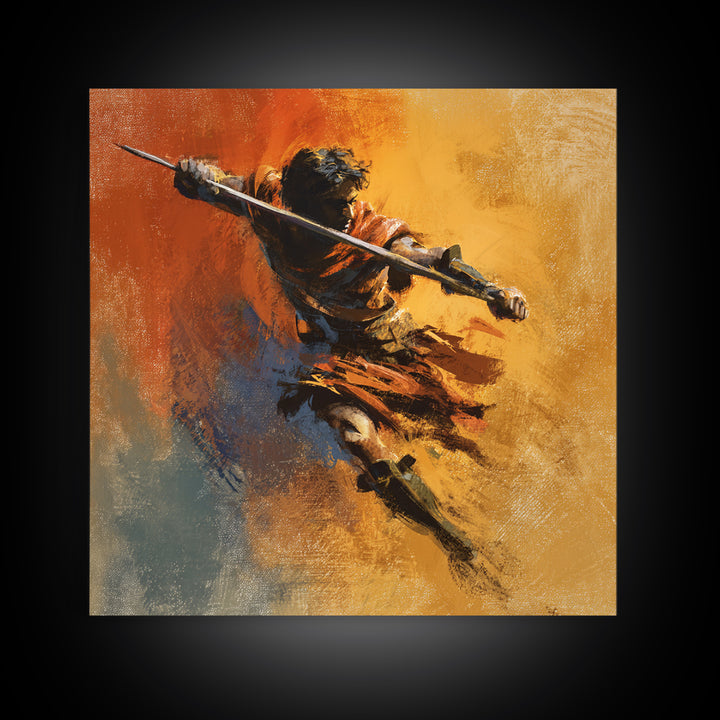 Dynamic Spear Warrior In Orange Canvas Print, Abstract Battle Figure Wall Art, Bold Fantasy Decor, Energetic Statement Art