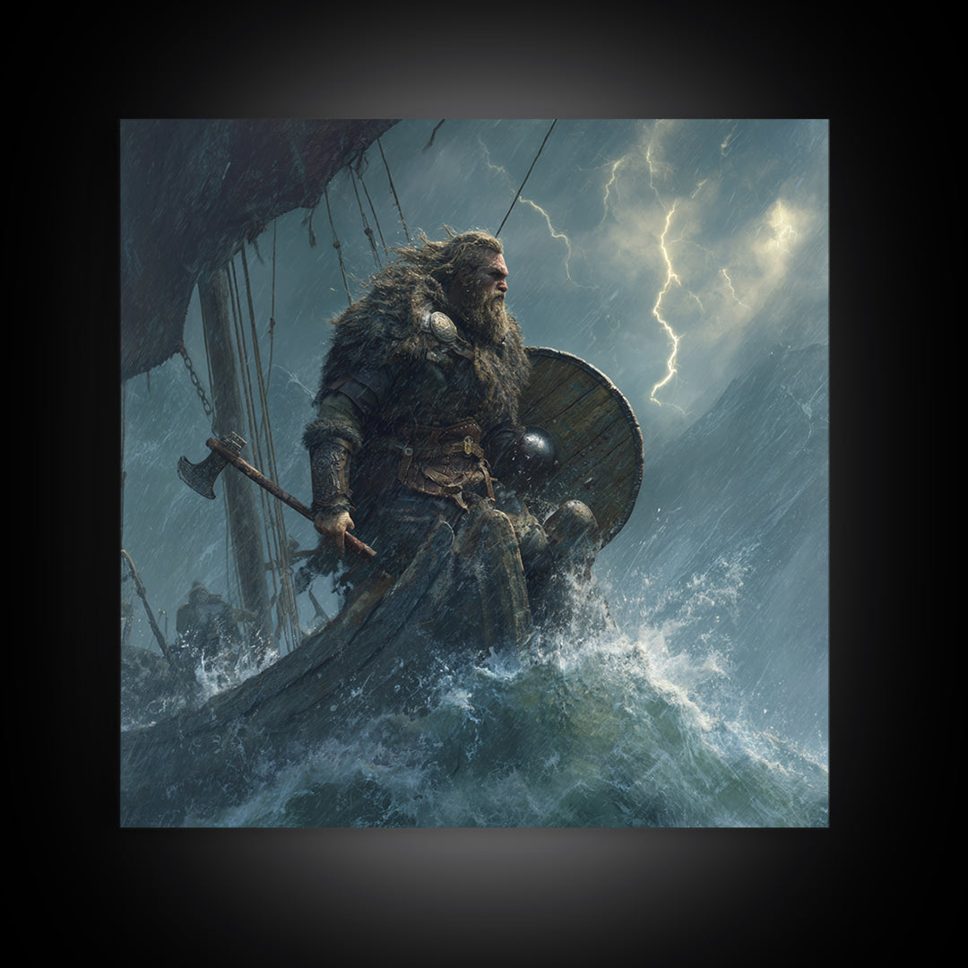 Viking Warrior In Stormy Seas Framed Canvas Print, Norse Mythology Wall Art, Dark Nautical Decor, Gift For Him, Masculine Office Art