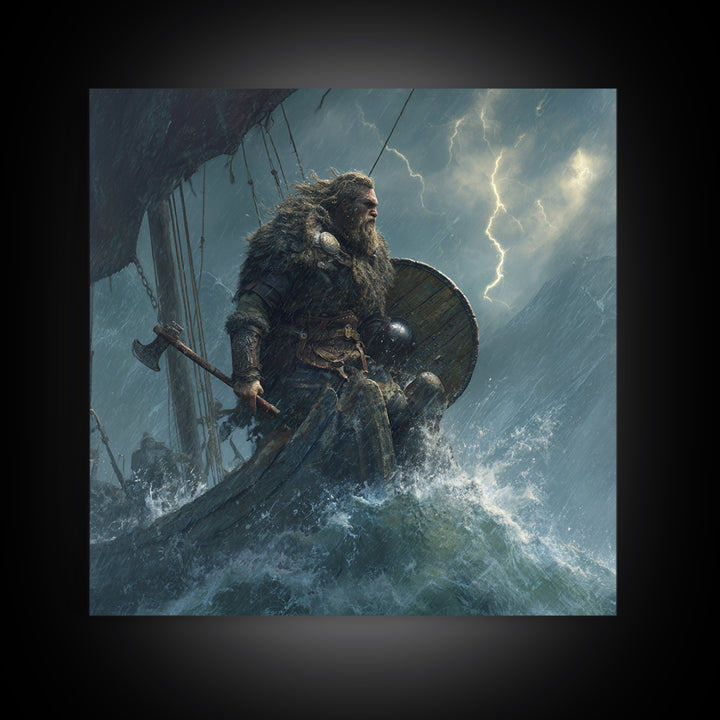 Viking Warrior In Stormy Seas Framed Canvas Print, Norse Mythology Wall Art, Dark Nautical Decor, Gift For Him, Masculine Office Art