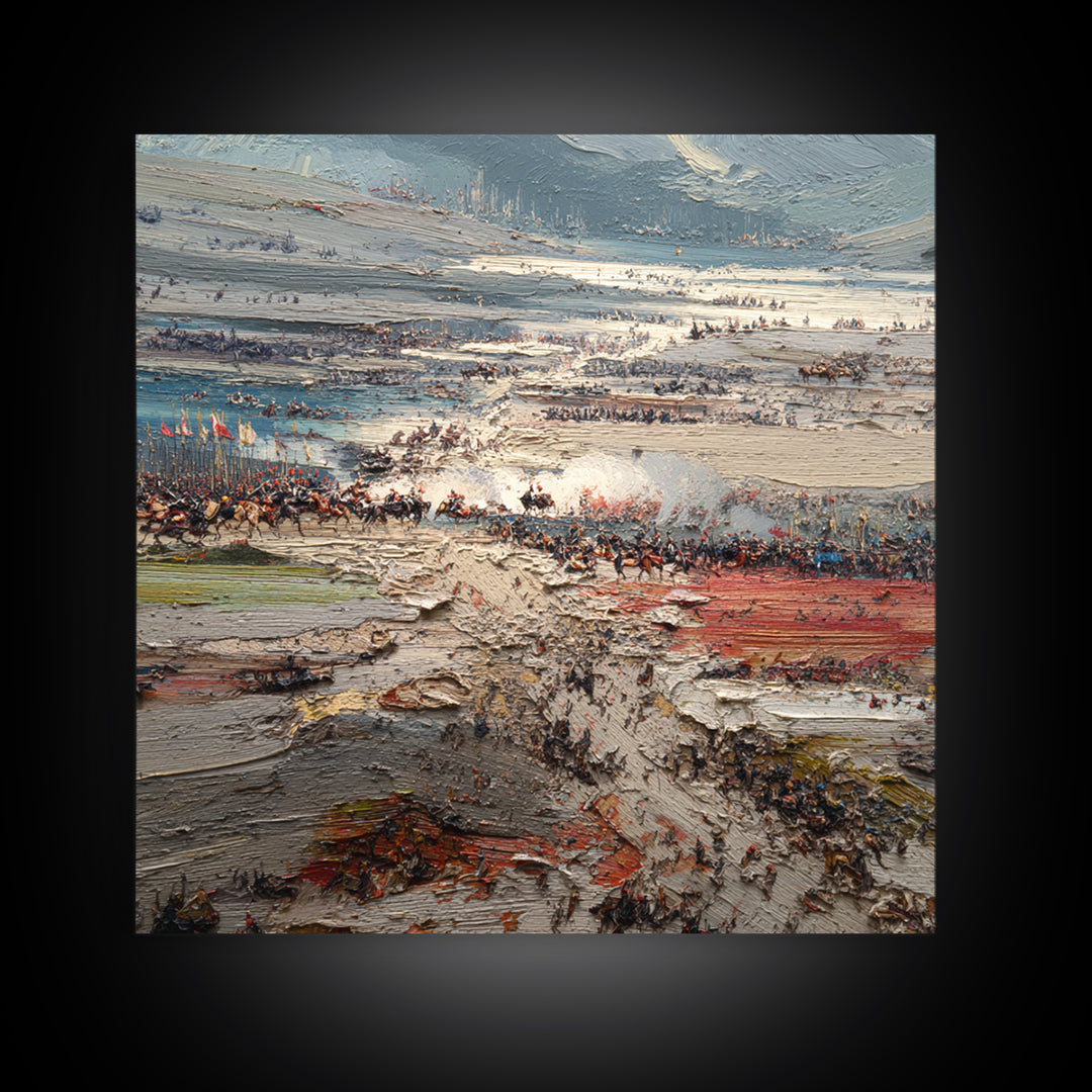 Epic Ancient Battlefield Impasto Landscape Wall Art, Historical War Painting, Large Canvas Decor, Dramatic Living Room Art