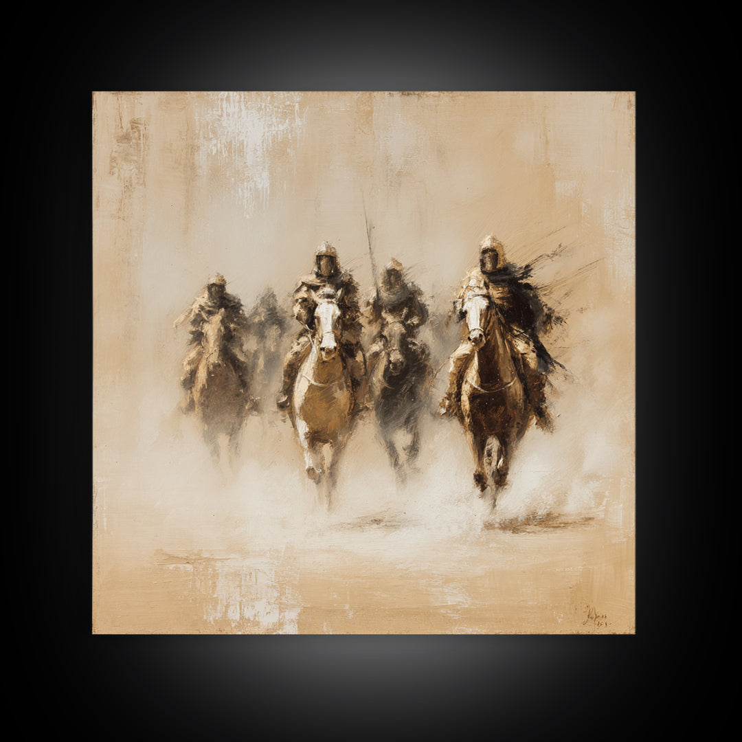 Four Dusty Medieval Horsemen Large Wall Art, Neutral Cavalry Painting, Rustic Western Canvas For Living Room And Office Decor Gift