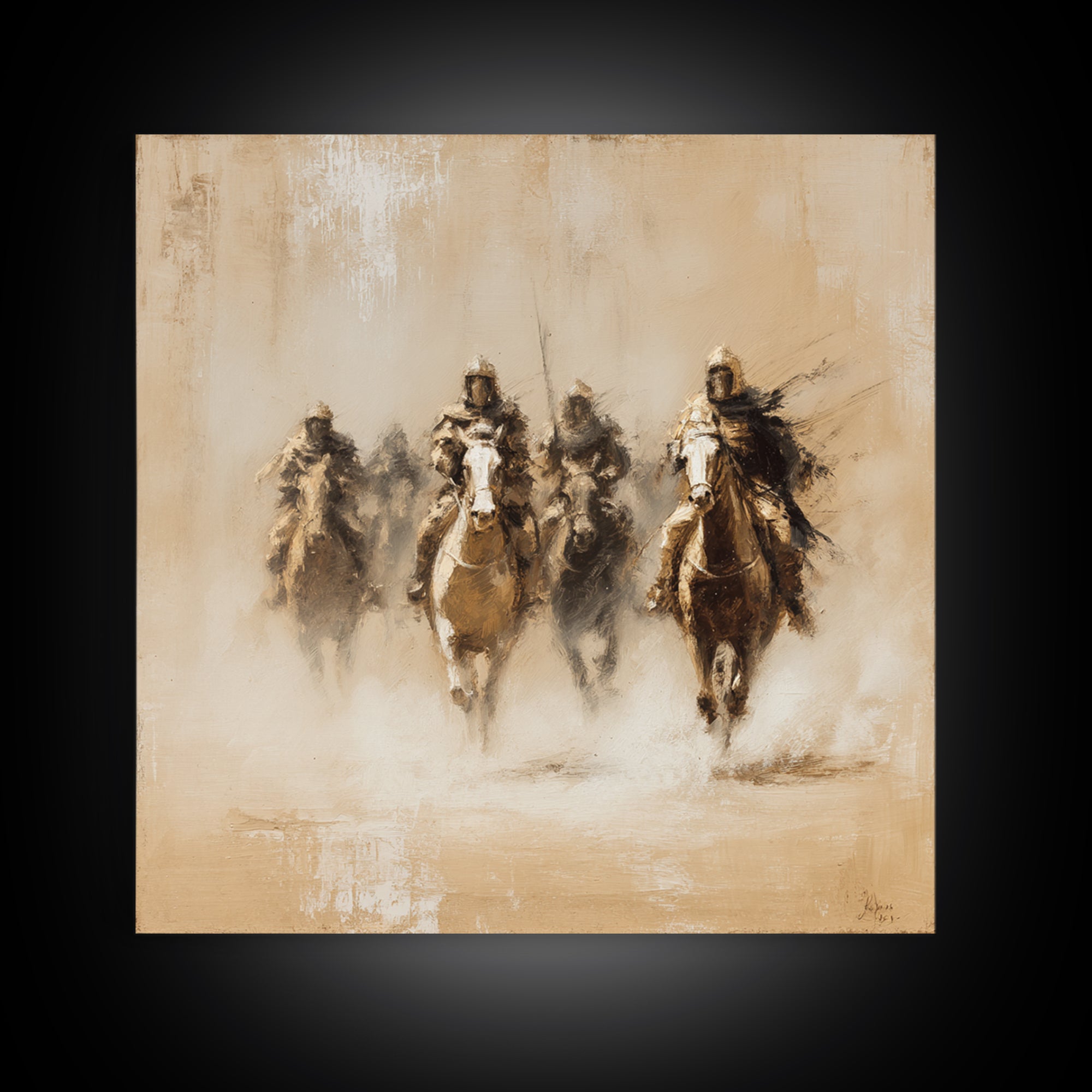Four Dusty Medieval Horsemen Large Wall Art, Neutral Cavalry Painting, Rustic Western Canvas For Living Room And Office Decor Gift