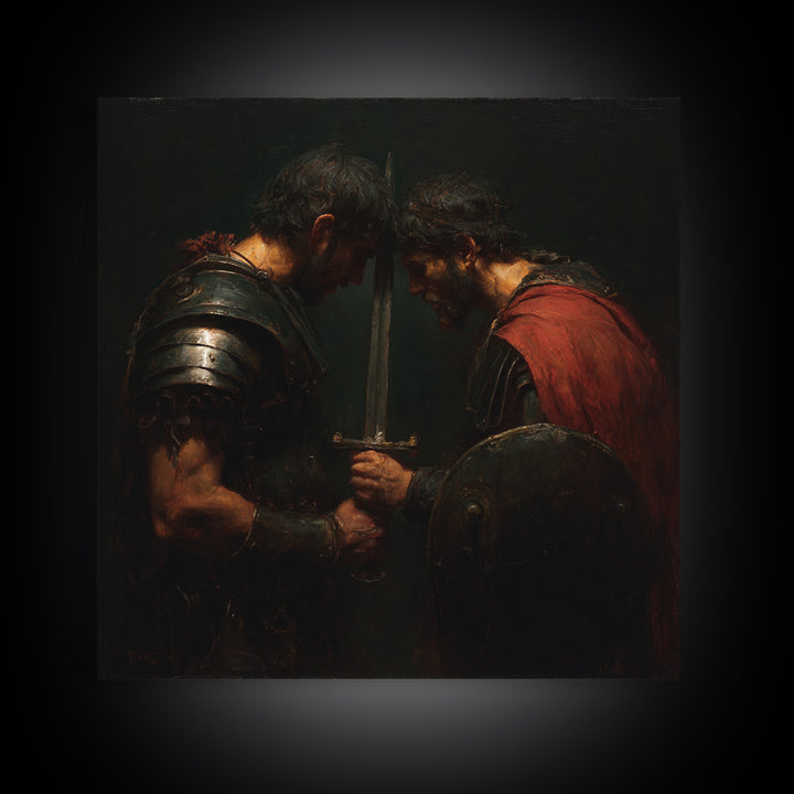 Two Armored Warriors With Sword, Dark Medieval Framed Canvas Print, Masculine Office Decor, Historical Wall Art, Gift For Him