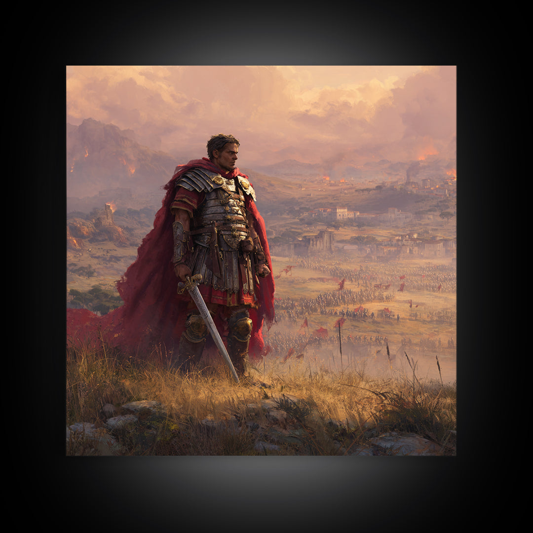 Roman General At Sunset Battlefield Wall Art, Ancient Warrior Canvas, Historical Fine Art Print, Masculine Office Decor Gift