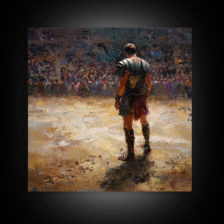 Lone Gladiator In Arena Spotlight Canvas Print, Roman Colosseum Wall Art, Historical Oil Painting, Masculine Office Decor