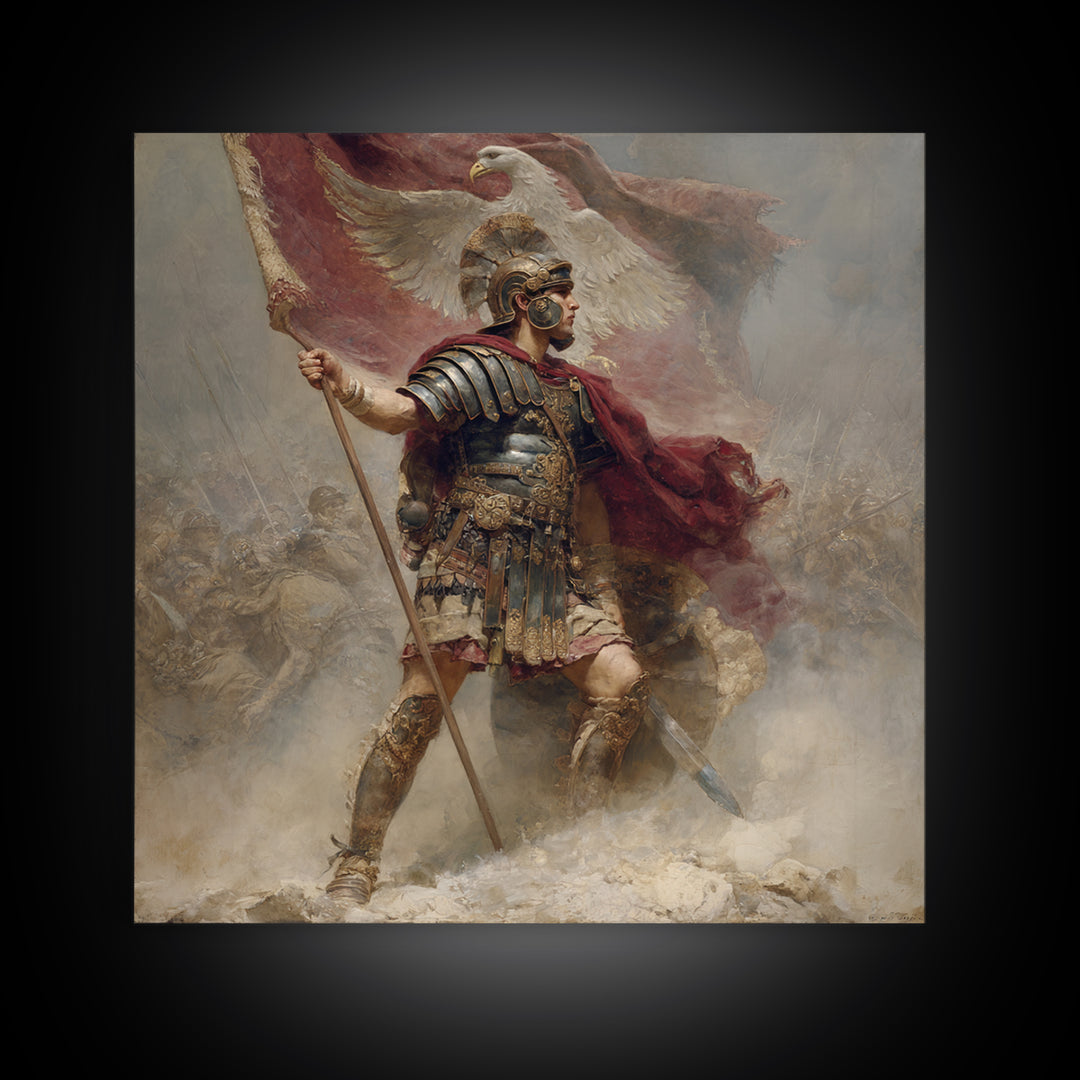 Roman Standard Bearer With Eagle Flag, Classical Battle Canvas Print, Historical Wall Art, Ancient Rome Decor, Gift For Him
