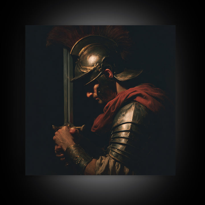Roman Warrior With Sword And Bronze Helmet Framed Canvas Print, Dark Academia Wall Art, Mythological Art, Gift For Him, Decor
