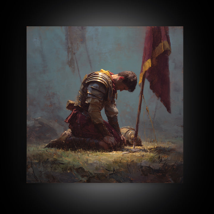 Kneeling Knight With Battle Standard Framed Canvas Print, Medieval Warrior Oil Painting, Dark Academia Wall Decor, Gift For Him