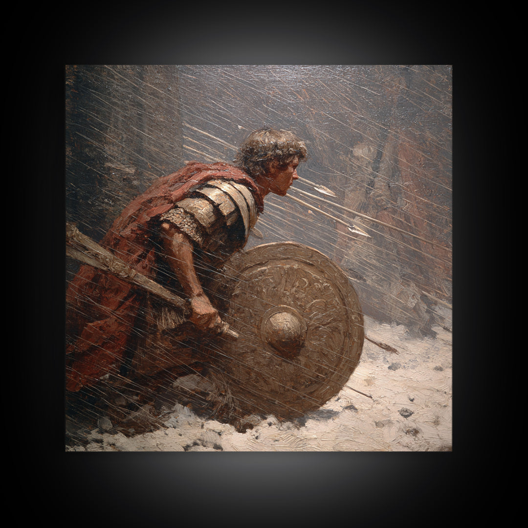 Roman Warrior Under Arrow Fire Wall Art, Snow Battle Shield Painting, Historical Canvas Print For Masculine Office Decor