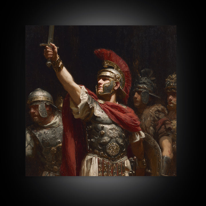 Roman Centurion Raising Sword Wall Art, Classical Warrior Oil Painting, Ancient Rome Decor, Historical Framed Canvas Print