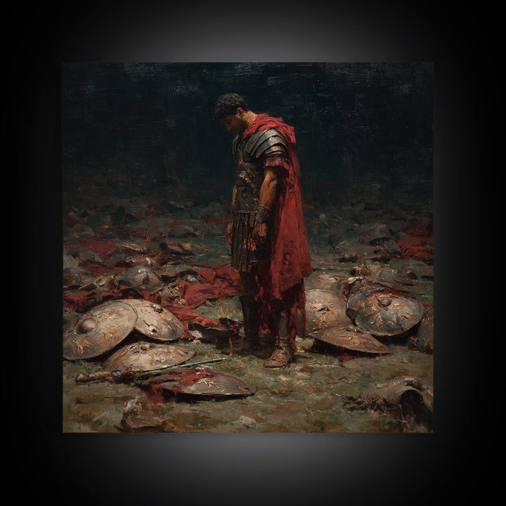 Defeated Roman Soldier Among Shields Framed Canvas Print, Somber Historical Oil Painting, Dark Academia Wall Art Decor Gift