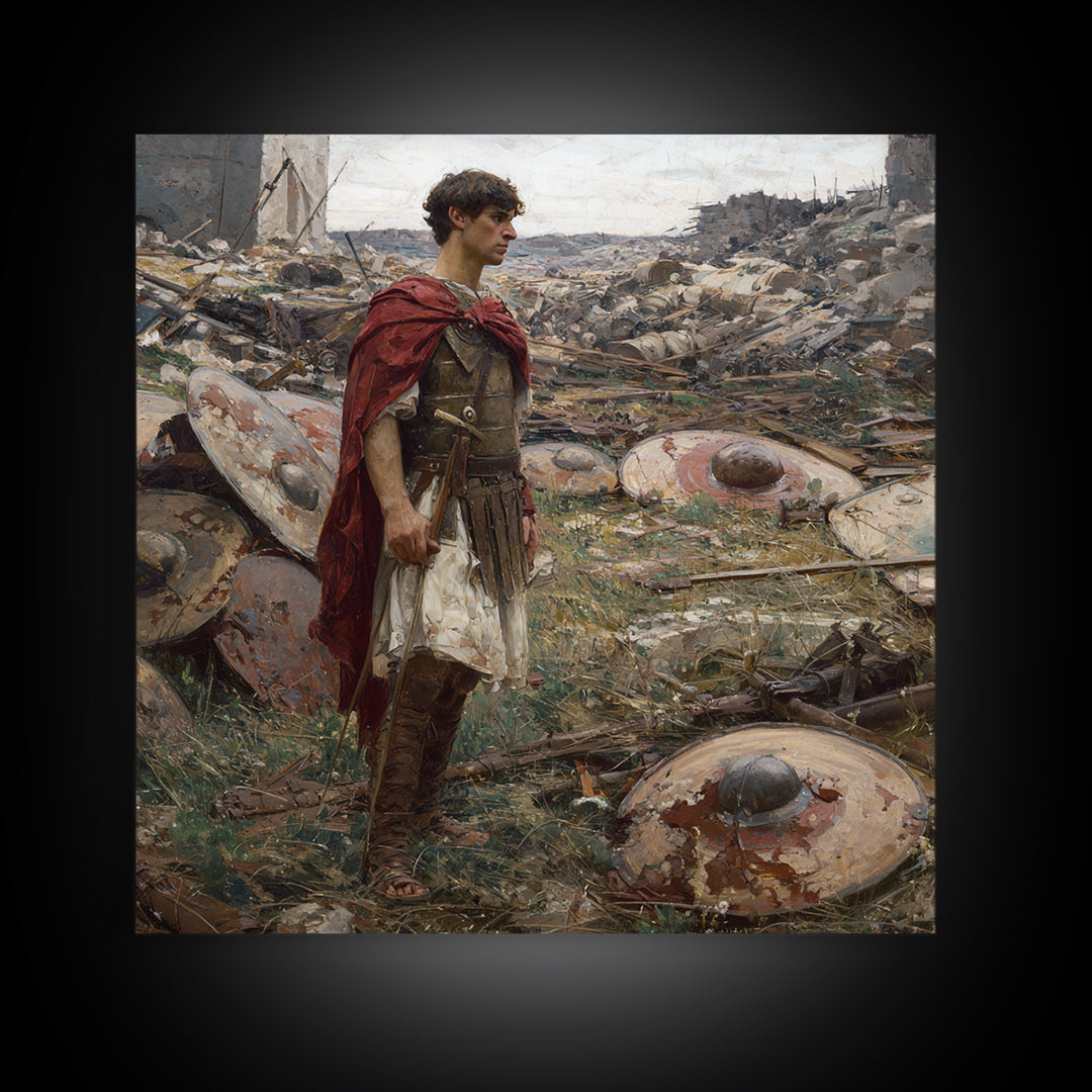 Roman Soldier Among Fallen Shields Wall Art, Ancient Warrior Oil Painting, Classical History Decor, Masculine Living Room Art