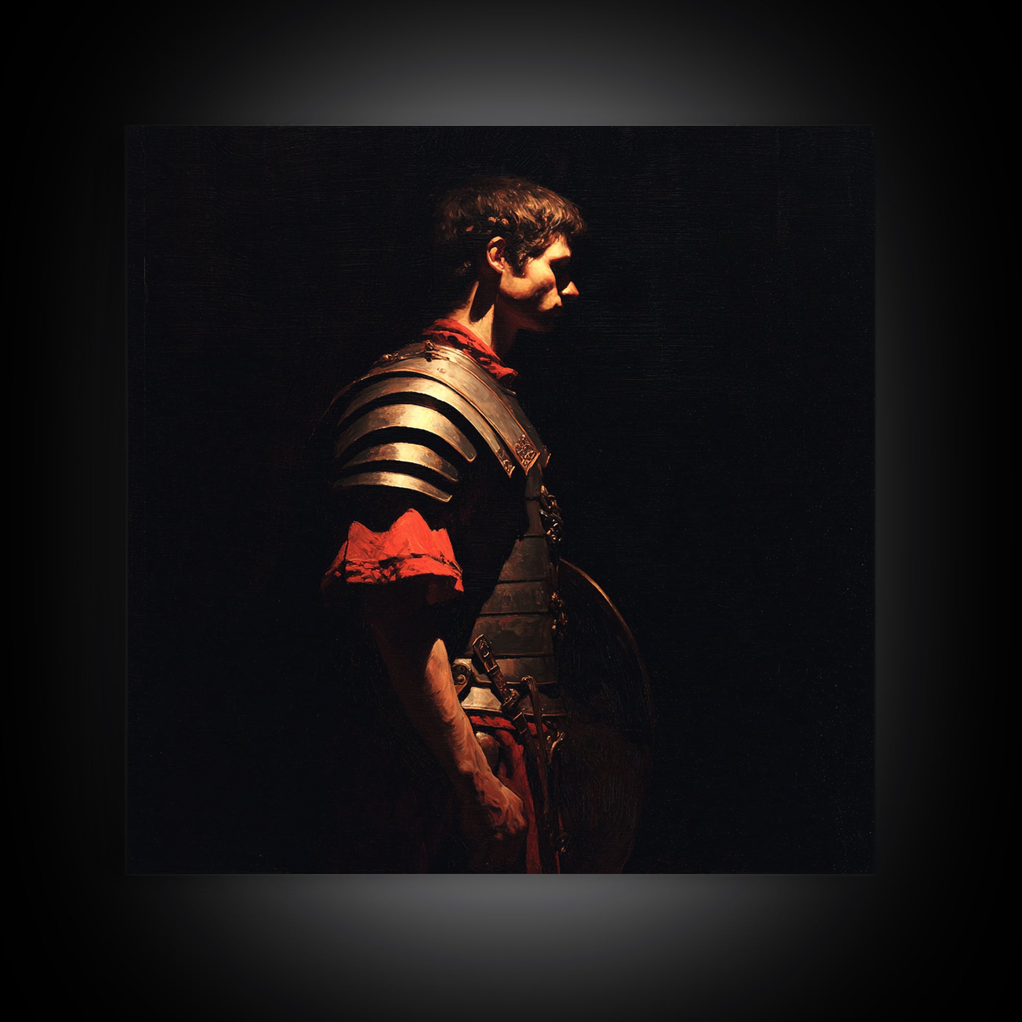Roman Warrior In Shadow Wall Art, Dark Academia Soldier Portrait, Classical Armor Oil Painting For Masculine Office Decor