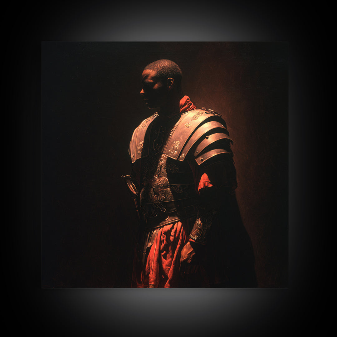 Black Knight In Ornate Armor Wall Art, Moody Warrior Portrait, Dark Academia Framed Canvas Print, Masculine Office Decor