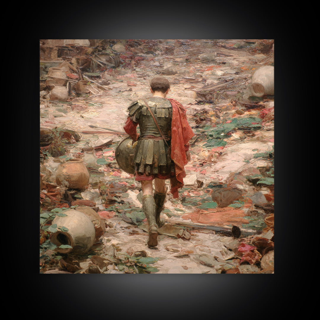 Roman Soldier In Ruined Battlefield Wall Art, Ancient Warrior Oil Painting, Classical History Decor, Dark Academia Gift Print