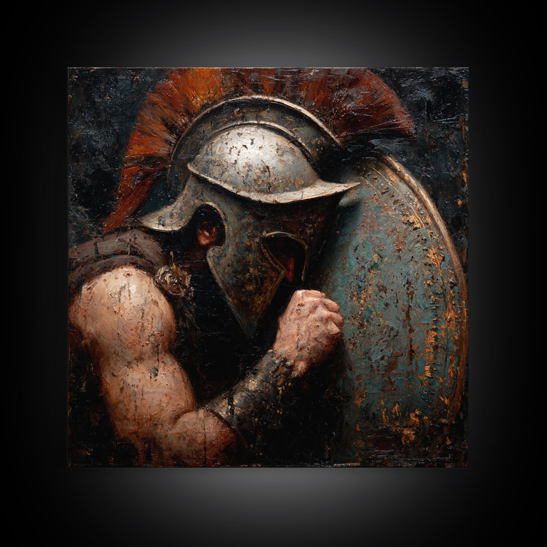 Dark Spartan Helmet And Shield Wall Art, Ancient Warrior Oil Painting, Greek Soldier Decor, Masculine Office, Gift For Him