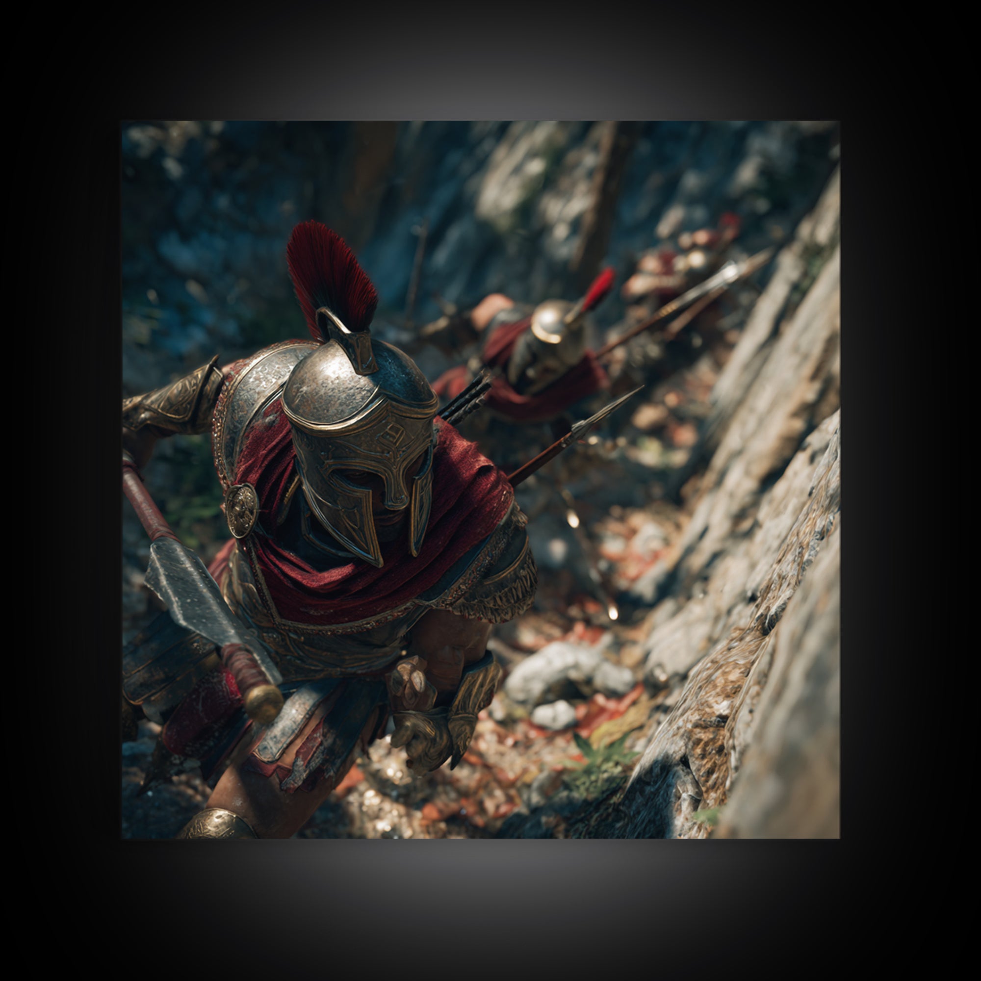 Spartan Warriors Climbing Rocky Pass Framed Canvas Print, Ancient Greek Wall Art, Roman Soldier Decor, History Gift, Fine Art