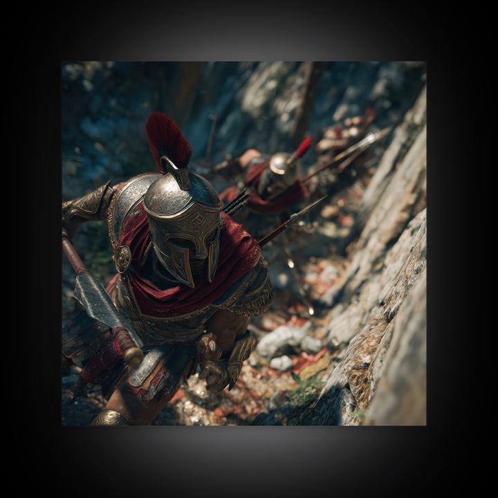 Spartan Warriors Climbing Rocky Pass Framed Canvas Print, Ancient Greek Wall Art, Roman Soldier Decor, History Gift, Fine Art