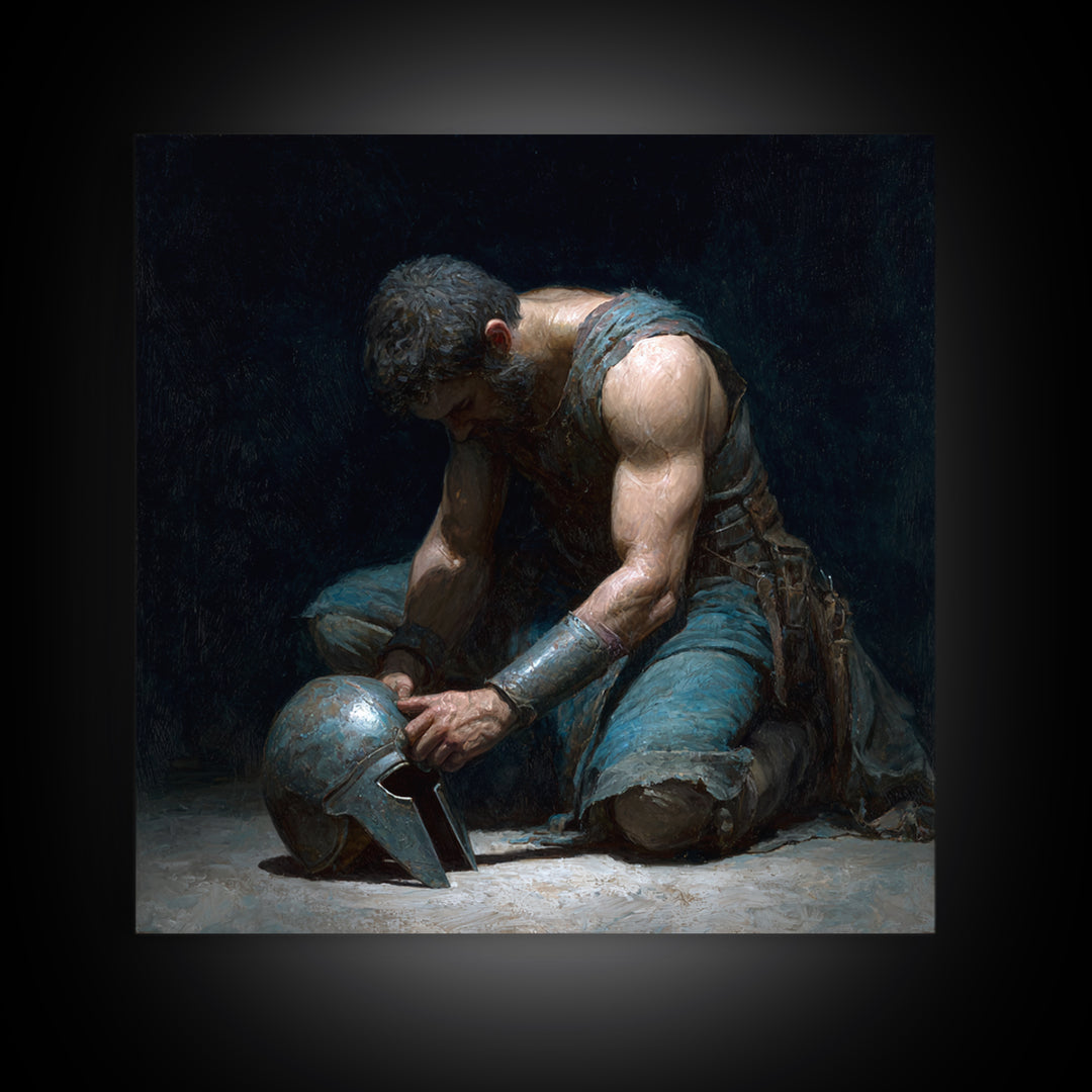 Kneeling Gladiator Holding Helmet Framed Canvas Print, Roman Warrior Oil Painting, Dark Masculine Wall Art For Office Decor