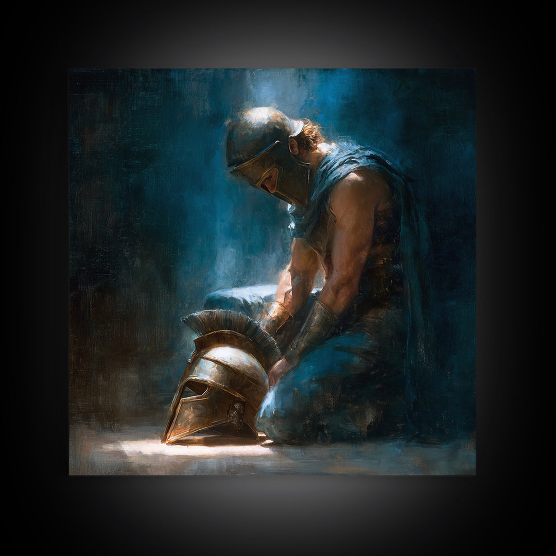 Kneeling Warrior With Bronze Helmet Framed Canvas Print, Dark Roman Oil Painting, Moody Masculine Office Wall Art Decor Gift