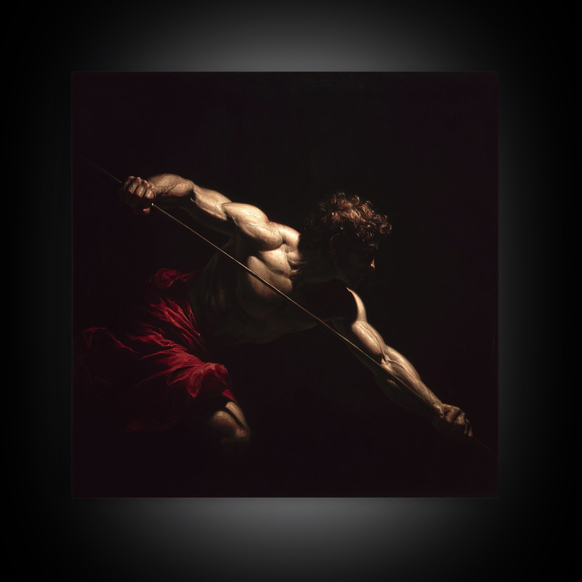Muscular Archer In Dramatic Shadow, Baroque Framed Canvas Print, Classical Figure Wall Art, Dark Academia Decor, Gift For Him