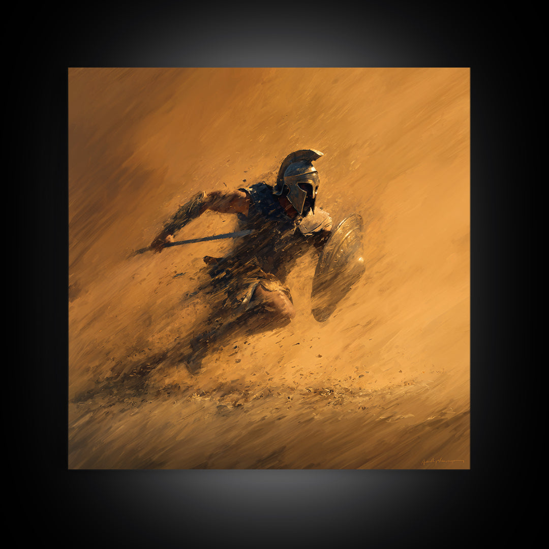 Spartan Warrior Charging Through Sandstorm Canvas Print, Greek Wall Art, Action Painting, Warm Orange Decor, Gift For Him