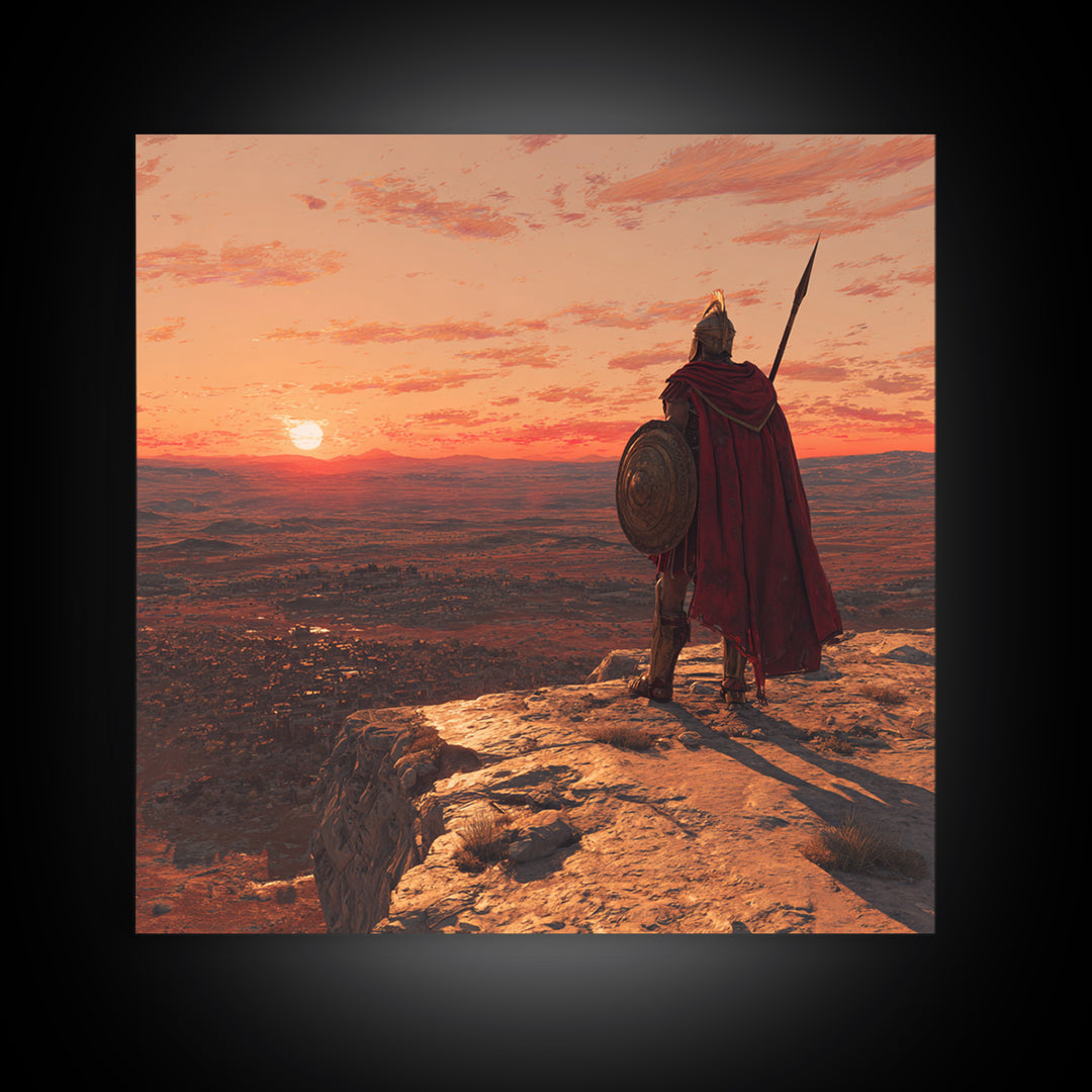Ancient Warrior At Sunset Over Valley Canvas Print, Spartan Wall Art, Historical Landscape, Masculine Office Decor Gift Idea