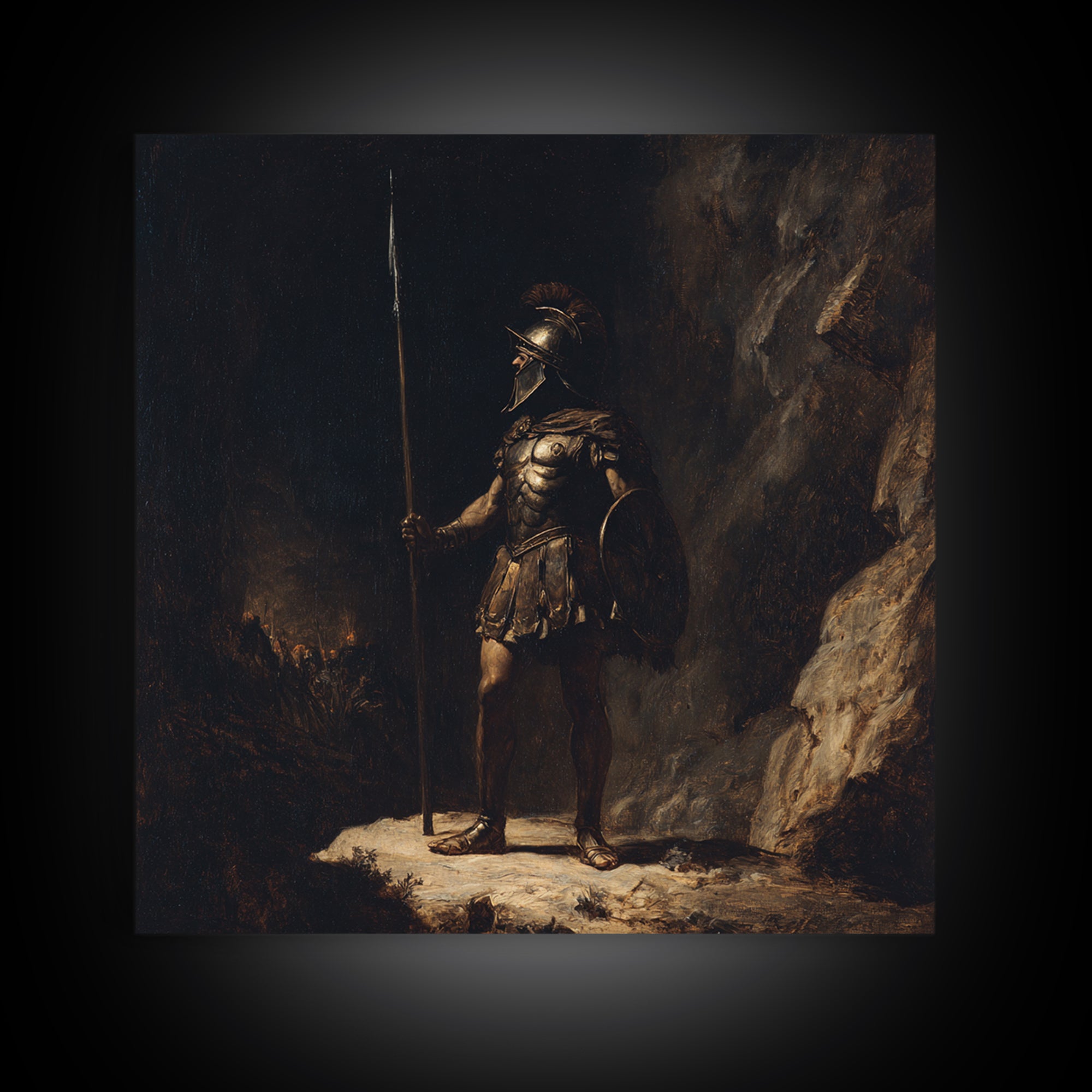 Ancient Spearman Guard In Dark Cave Canvas Print, Historical Classical Warrior Art, Moody Wall Decor, Masculine Office Decor