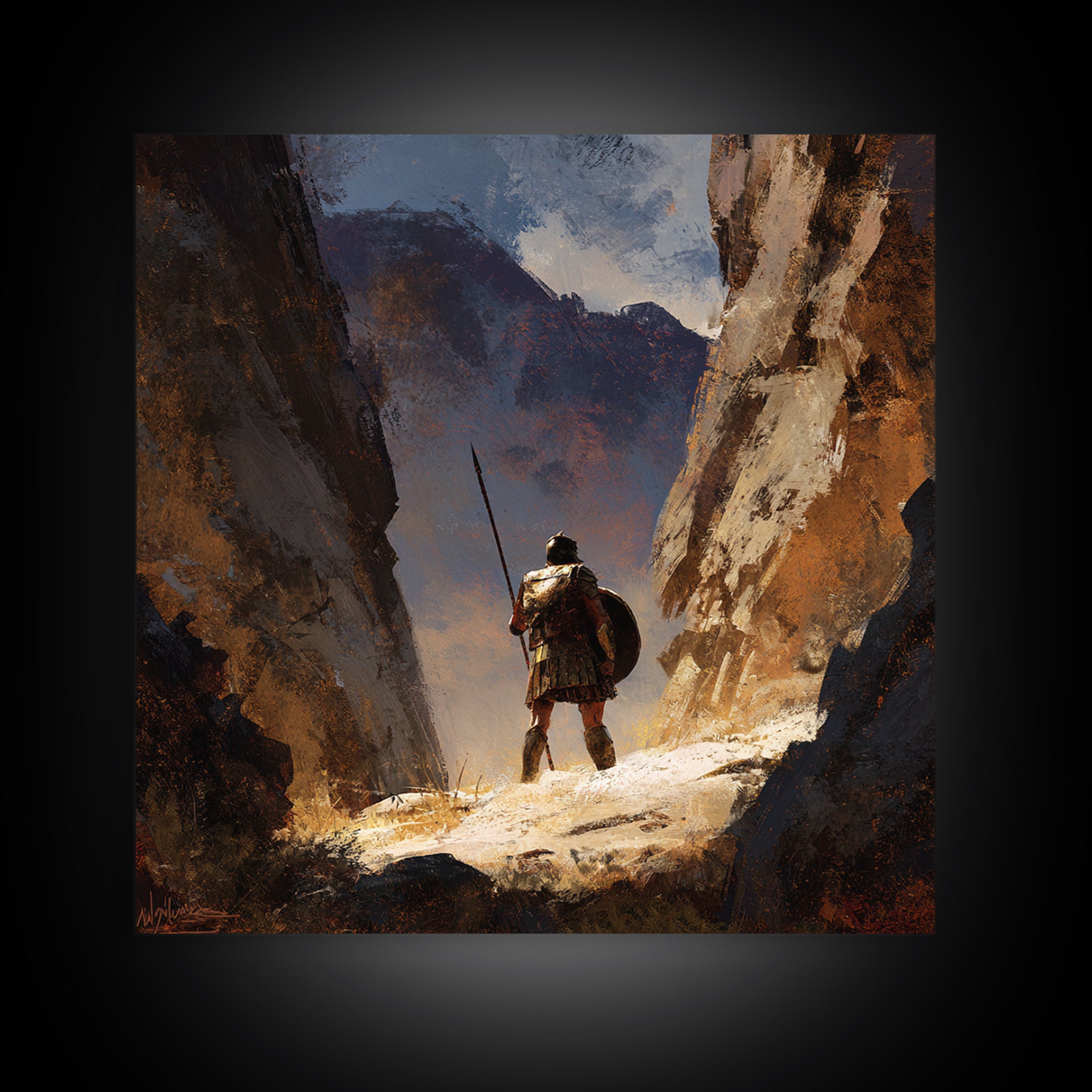 Solitary Spear Warrior In Sunlit Canyon Canvas Print, Ancient Greek Art, Southwestern Wall Art, Rustic Home Decor, Gift For Him