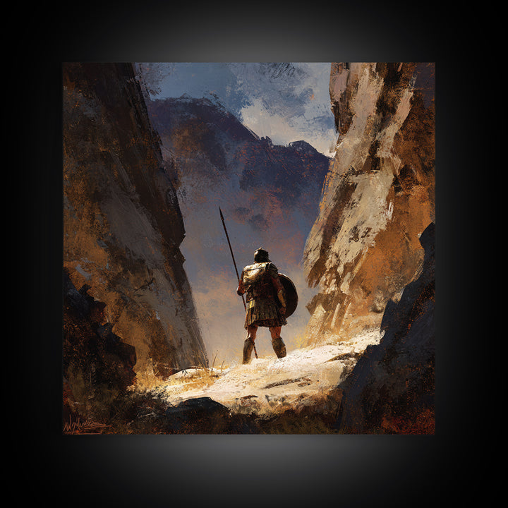 Solitary Spear Warrior In Sunlit Canyon Canvas Print, Ancient Greek Art, Southwestern Wall Art, Rustic Home Decor, Gift For Him