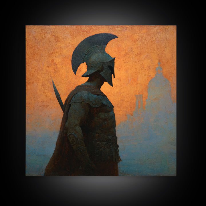 Spartan Warrior Silhouette Canvas Print, Orange Ancient Cityscape, Greek Mythology Wall Art, Classical History Home Decor