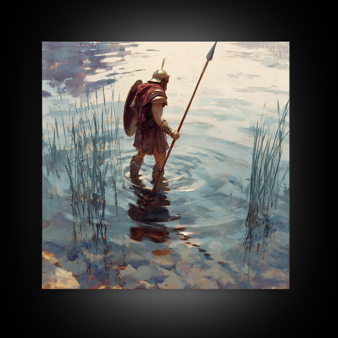 Solitary Warrior Wading Through Water Wall Art, Roman Spearman Landscape, Coastal Blue Canvas Print For Living Room Decor