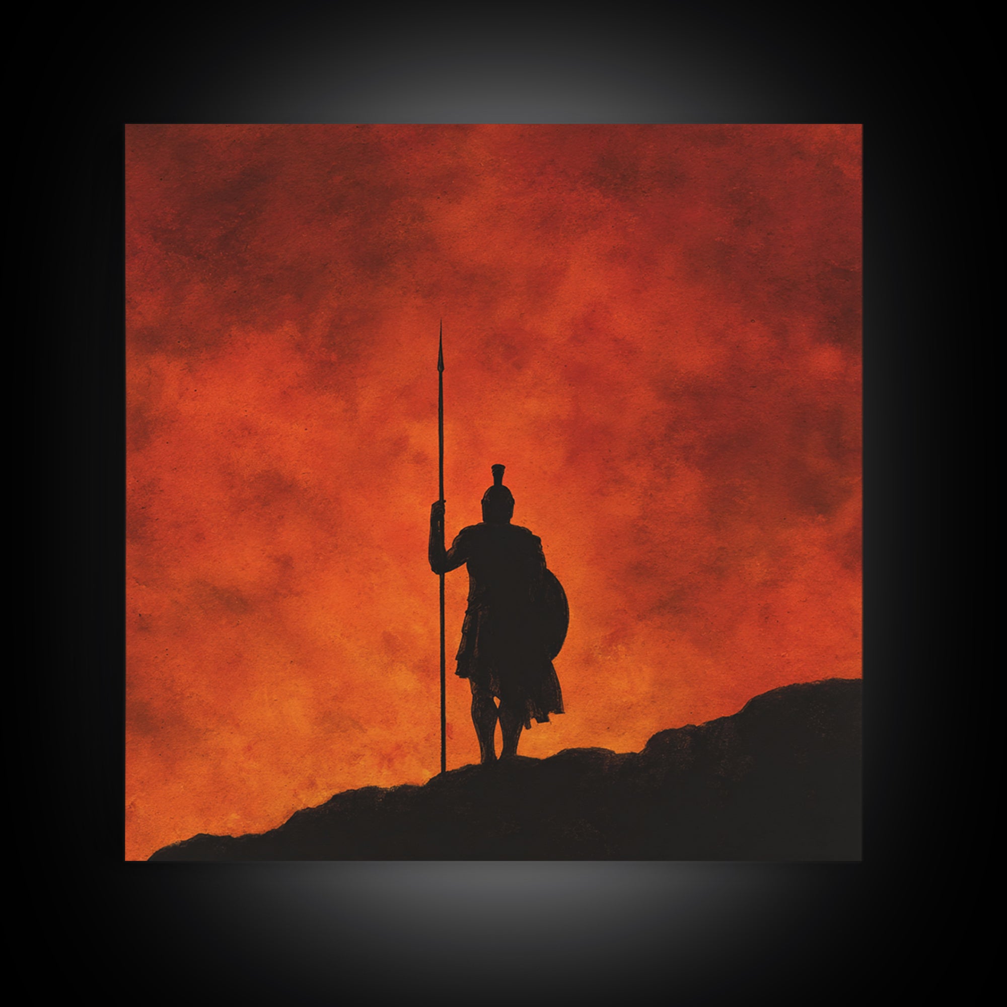 Spartan Silhouette With Spear At Red Sunset Framed Canvas Print, Greek Wall Art, Mythological Art, Dramatic Wall Decor, Gift For Him