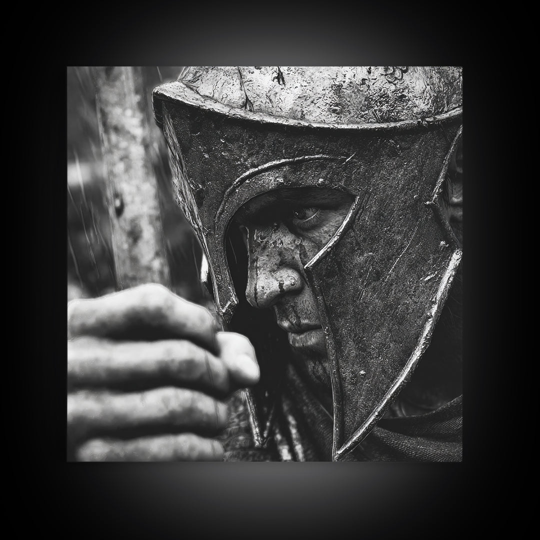 Black And White Spartan Helmet Wall Art, Moody Warrior Canvas Print, Ancient Greek Decor, Masculine Office Art, Gift For Him