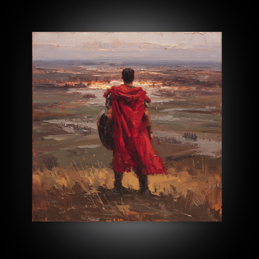 Roman Warrior In Red Cloak Wall Art, Epic Battlefield Oil Painting, Ancient History Decor, Masculine Office Art Print Gift