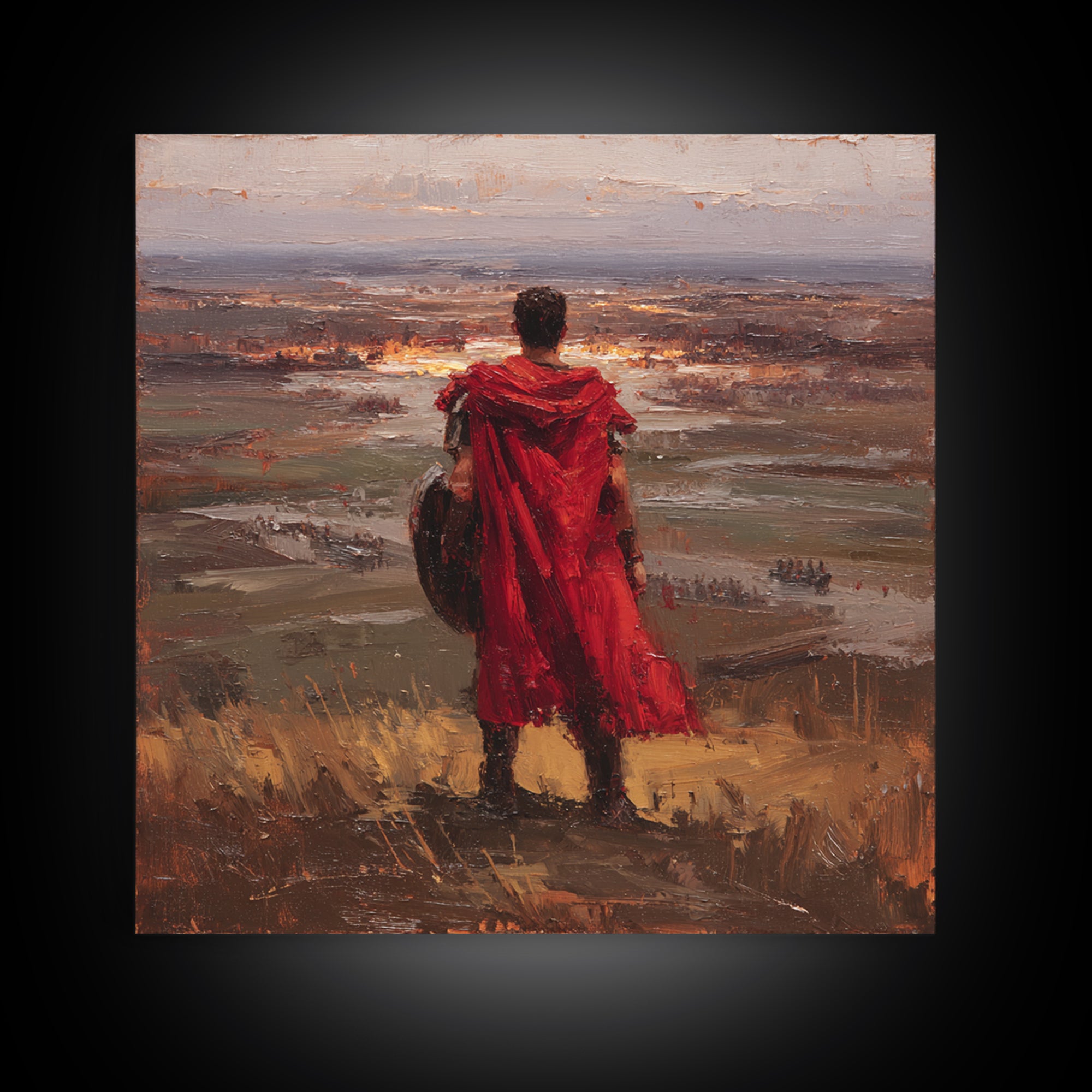 Roman Warrior In Red Cloak Wall Art, Epic Battlefield Oil Painting, Ancient History Decor, Masculine Office Art Print Gift