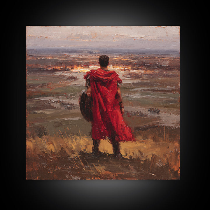 Roman Warrior In Red Cloak Wall Art, Epic Battlefield Oil Painting, Ancient History Decor, Masculine Office Art Print Gift